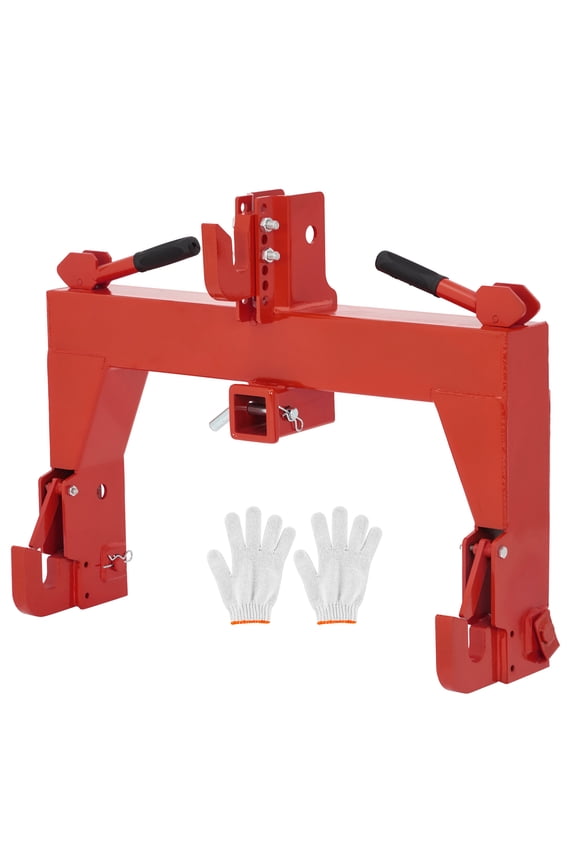 Heavy Duty 3-Point Quick Hitch Adapter for Category 1 Tractors, 3000 lbs Lift Capacity, 2" Receiver, Adjustable Bolt, Reinforcing Rib, No Bushings, Fast Connect - Red + a pair of gloves