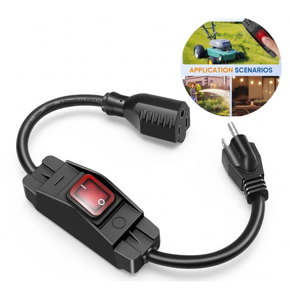 1.5 FT Heavy Duty Extension Cord with Inline Switch, 14 Gauge 125V 3-Prong Grounded Power Cable for Outdoor Lights, Power Tools & Appliances