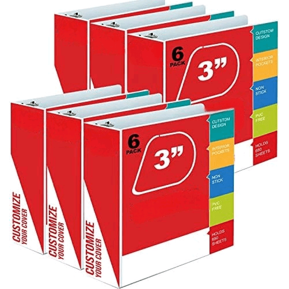 Heavy Duty 3 Ring Binders 3 Inch D-Ring, Holds 725 Sheets, 6 Pack White with Clear View Covers & 2 Pockets for 8.5x11 Paper, Office School Supplies$$Office