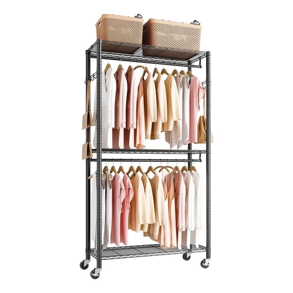 Heavy Duty 3 Tier Adjustable Carbon Steel Roller Clothes Rack 450 lbs Load Capacity for Bedroom Wardrobe Clothing Store Hallway