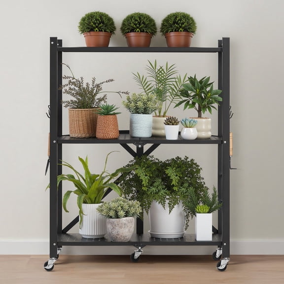 3-Tier Rolling Metal Shelf, 28 x 13 x 36-inch Foldable Storage Rack with Wheels, Multi-Purpose Organizer