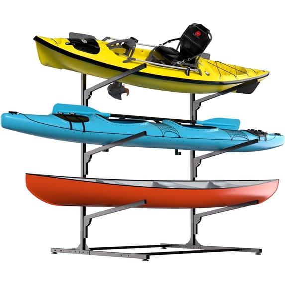 Heavy-Duty 3-Tier Freestanding Kayak Storage Rack – Adjustable Metal Stand for Kayaks, Canoes, SUPs & Surfboards with 4 Paddle Hooks – Garage, Dock, Indoor/Outdoor Use – Black, Three-Layer Shelf