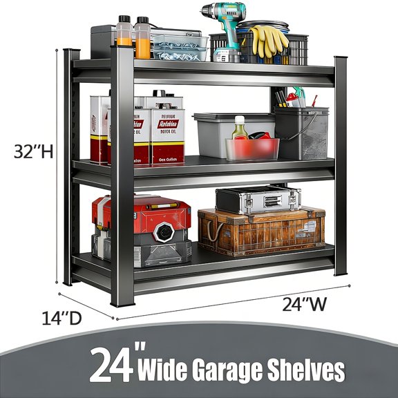 Heavy-Duty 3-Tier Garage Shelving Unit, 1500LBS Capacity Adjustable Storage Rack, Space-Saving Wide Span Shelf for Garage Workshop Utility Room
