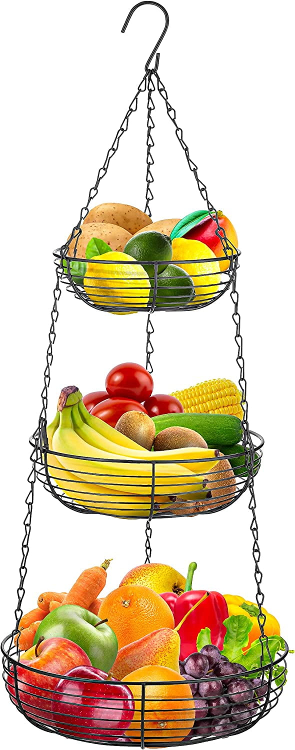Heavy Duty 3-Tier Hanging Fruit and Vegetable Basket with 2 Metal Ceiling Hooks, Black