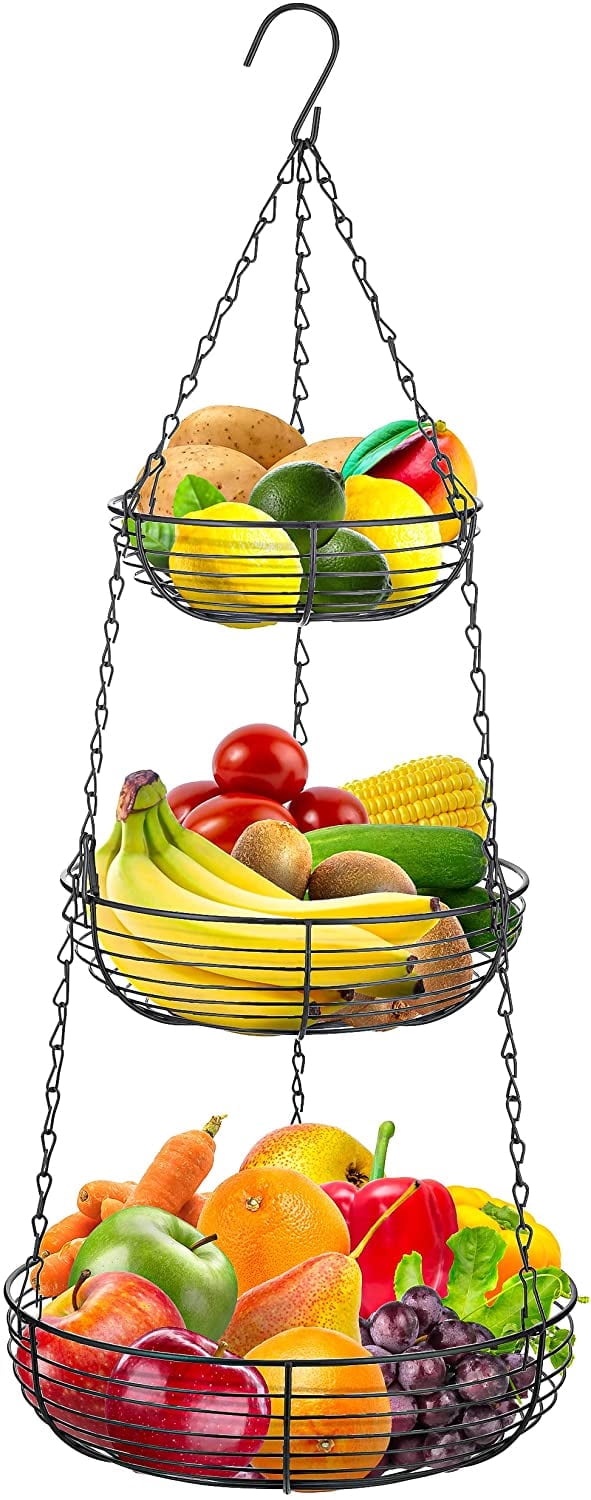 Heavy Duty 3-Tier Hanging Fruit and Vegetable Basket with 2 Metal Ceiling Hooks, Chrome