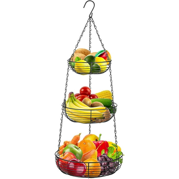 Heavy Duty 3-Tier Hanging Fruit and Vegetable Basket with 2 Metal Ceiling Hooks, Chrome