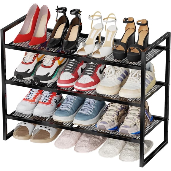 Heavy Duty 3 Tier Mesh Shoe Rack, 27 Inch Wide Closet Metal Shoe Organizer for High Heels, Stackable Shoe Storage Shelf for Entryway, Black