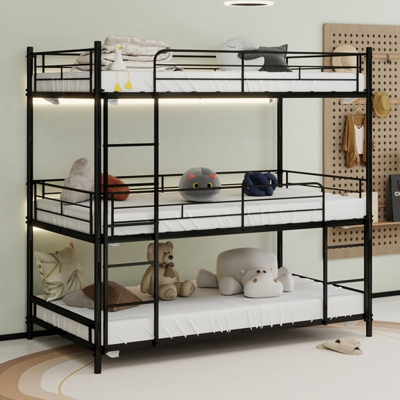 Heavy Duty 3-Tier Metal Triple Bunk Bed with Full Safety Rail & Built-in Ladder, Sturdy Bed Frame with Metal Slats, No Box Spring Needed, Easy Assembly for Bedroom Dorm Guest Room
