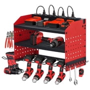 Heavy Duty 3-Tier Power Tool Organizer Wall Mount with Charging Station, 8 Outlets, 4 Drill Holders, Hooks & Battery Storage, Space-Saving Rack for Garage & Workshop - Pegboard Style