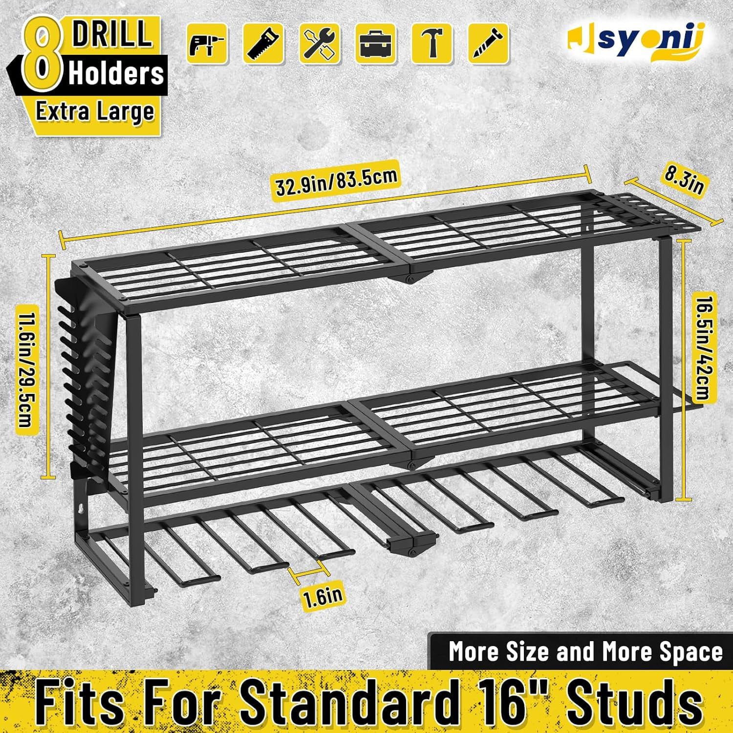 Heavy Duty 3-Tier Power Tool Organizer Wall Mount with 8 Drill Holders and Wrench Shelves for Garage Workshop Storage