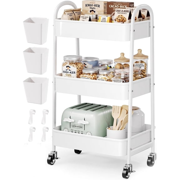 Heavy Duty 3 Tier Rolling Cart Metal with Wheels, White Three Tiered Shelf