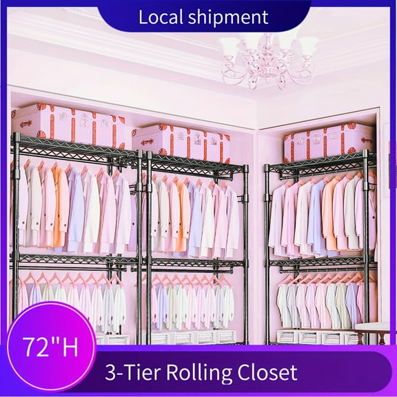 Heavy-Duty 3-Tier Rolling Closet 72" Tall - Carbon Steel Garment Rack with Locking Casters & Double Hanging Rod, Multi-Tier Storage Organizer for Home & Commercial Use