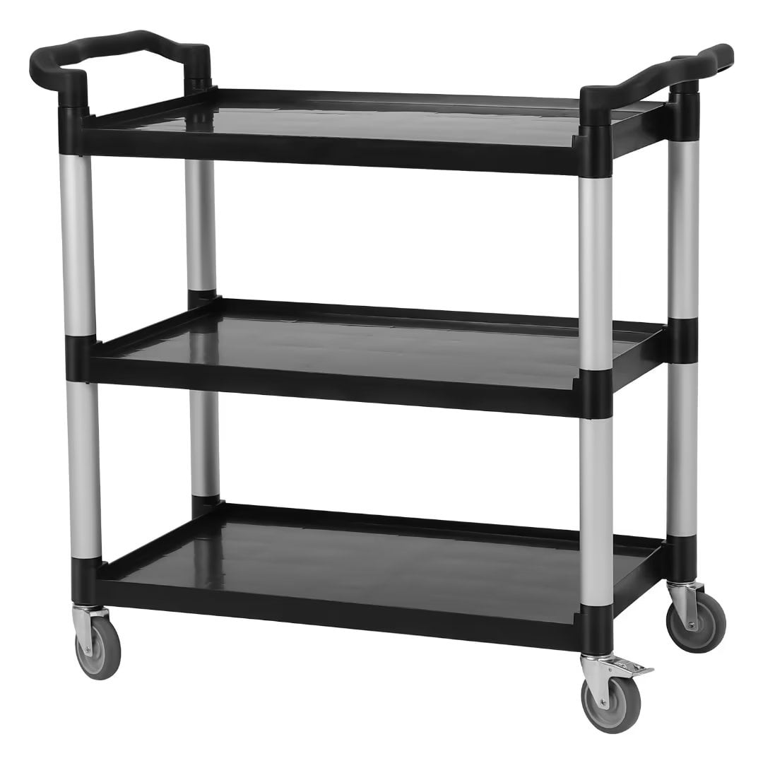 Heavy Duty 3 Tier Rolling Service Cart Utility Push Cart for Foodservice Restaurant Cleaning, Black