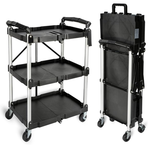 Heavy Duty 3-Tier Rolling Utility Cart, Foldable & Easy Clean, Lockable Silent Wheels, Anti-Rust, No Assembly Needed, 330 lbs Capacity - Ideal for Home, Office, Restaurant, Garage, Warehouse Storage