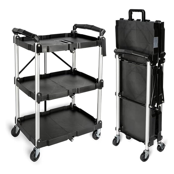 Heavy Duty 3-Tier Rolling Utility Cart, Foldable & Easy Clean, Lockable Silent Wheels, Anti-Rust, No Assembly Needed, 330 lbs Capacity - Ideal for Home, Office, Restaurant, Garage, Warehouse Storage