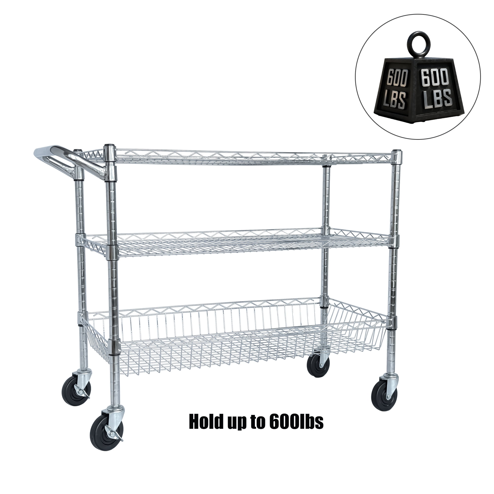 Heavy-Duty 3-Tier Rolling Utility Cart with Handle and Shelf Liners, 36x18x32-Inch Storage Cart for Kitchen and Warehouse, Chrome