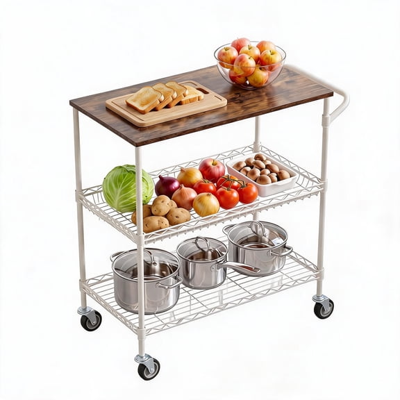 Heavy Duty 3-Tier Utility Cart with Wood Top, Metal Frame – 550 lbs Capacity, Lockable 360° Swivel Wheels, 2 Shelf Liners & 10 Hooks – Rolling Storage & Serving Cart