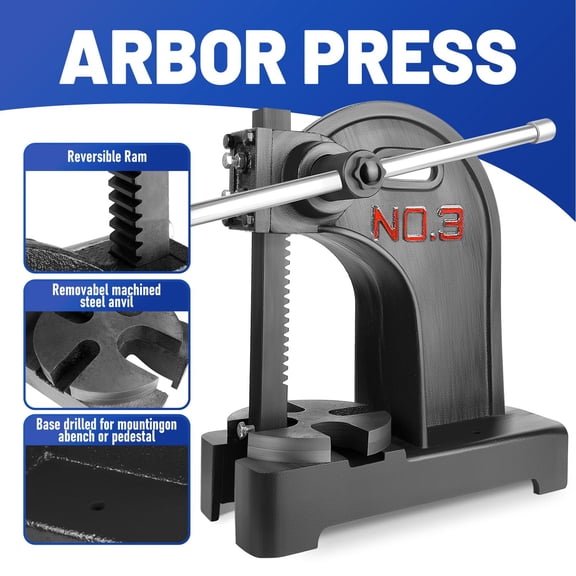Heavy Duty 3 Ton Arbor Press, Manual Bearing Press Machine with Base Mount, for Stamping, Punching, Assembly