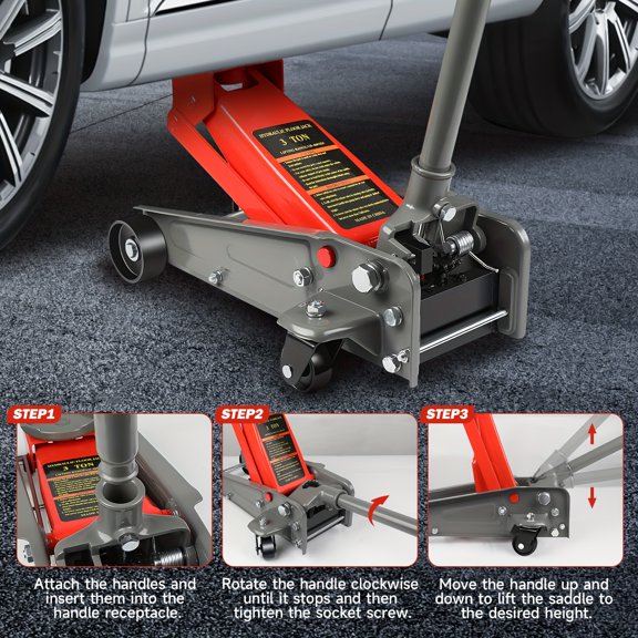 Heavy-Duty 3-Ton Floor Jack with Smooth-Rolling Wheels for Safe and Rapid Vehicle Lifting, Features 460mm Maximum Height and 5.31 to 18.11 Inch Range, Ideal for Multiple Car Models