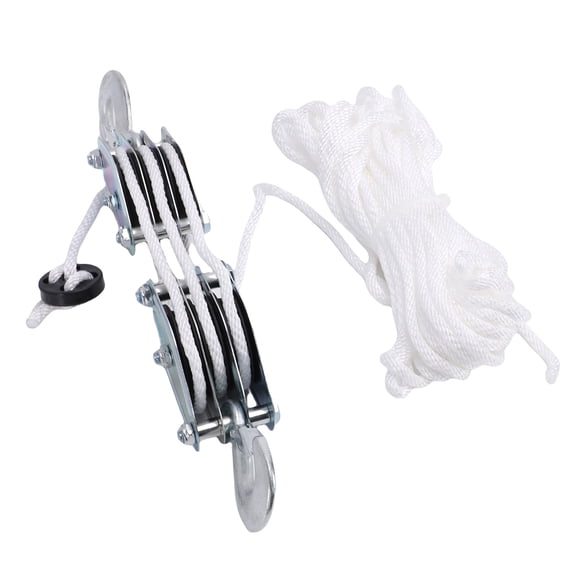 Heavy Duty 3 Wheel Rope Pulley Hoist Block and Tackle System with 15m / 49.2ft White Rope 1100lbs Capacity for Manual Lifting and Air Conditioning Hoisting