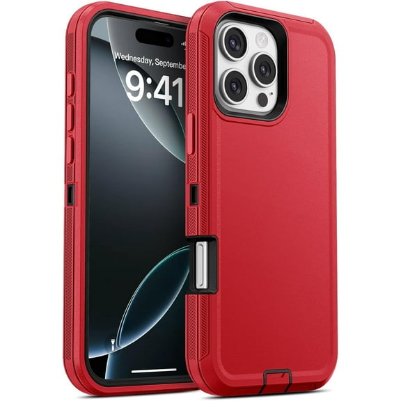 Heavy Duty 3-in-1 Rugged Full Cover Shockproof Case for Apple iPhone 16 Pro – Red