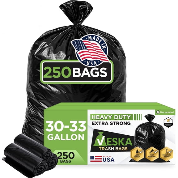 Heavy Duty 30-33 Gallon Black Trash Bags, 250 Count