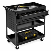 Heavy Duty 30 Inch 3-Tier Steel Rolling Tool Cart with 2 Drawers & Casters - Mobile Utility Storage for Garage, Workshop, Warehouse - Black