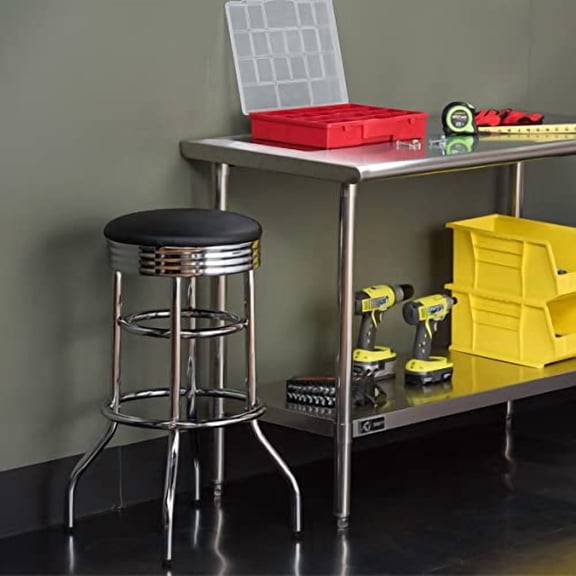 Heavy Duty 30-Inch Backless Swivel Bar Stool for Kitchen, Garage, or Workshop, Chrome Finish with Faux Leather Seat, 1 Pack, Black