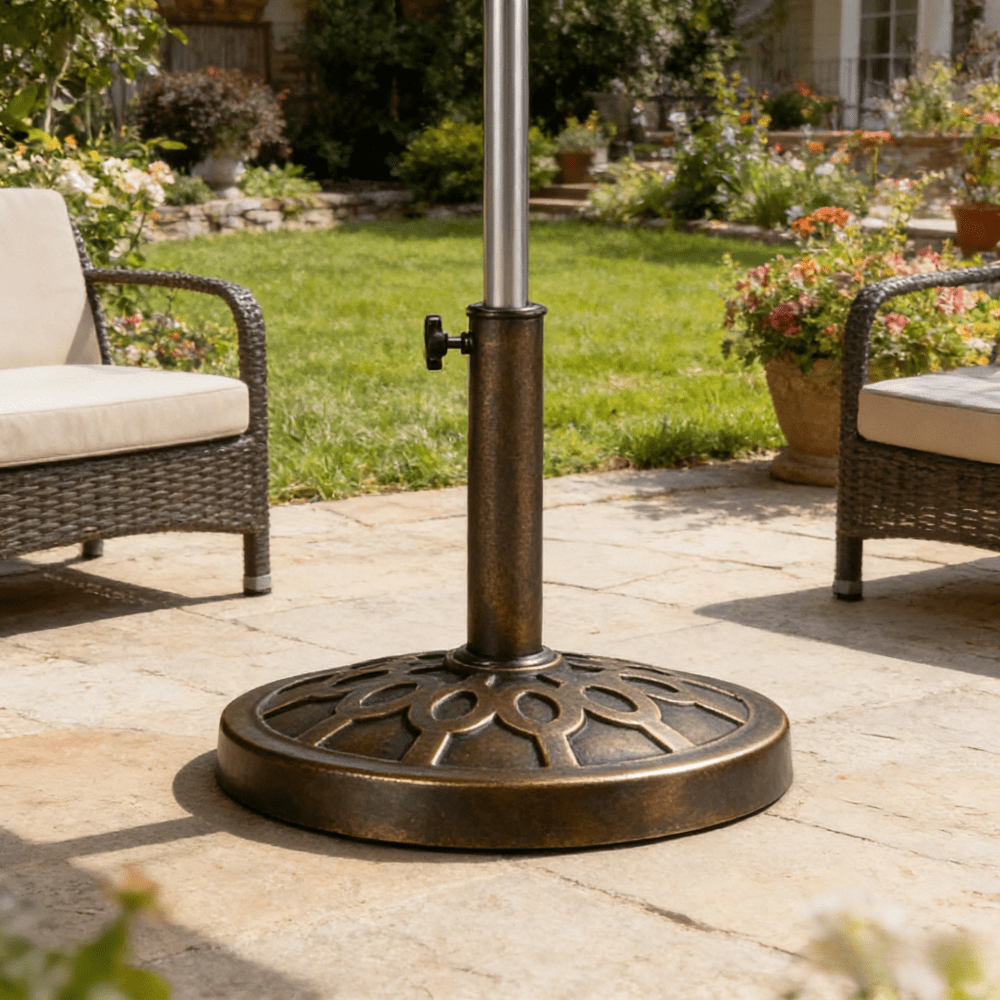 Heavy Duty 30 lb Umbrella Base 18 Inch Round Patio Market Umbrella Stand Weighted Resin Steel Base with Hand Turn Knob for Outdoor Cantilever Umbrella Stable Wind Resistant Bronze