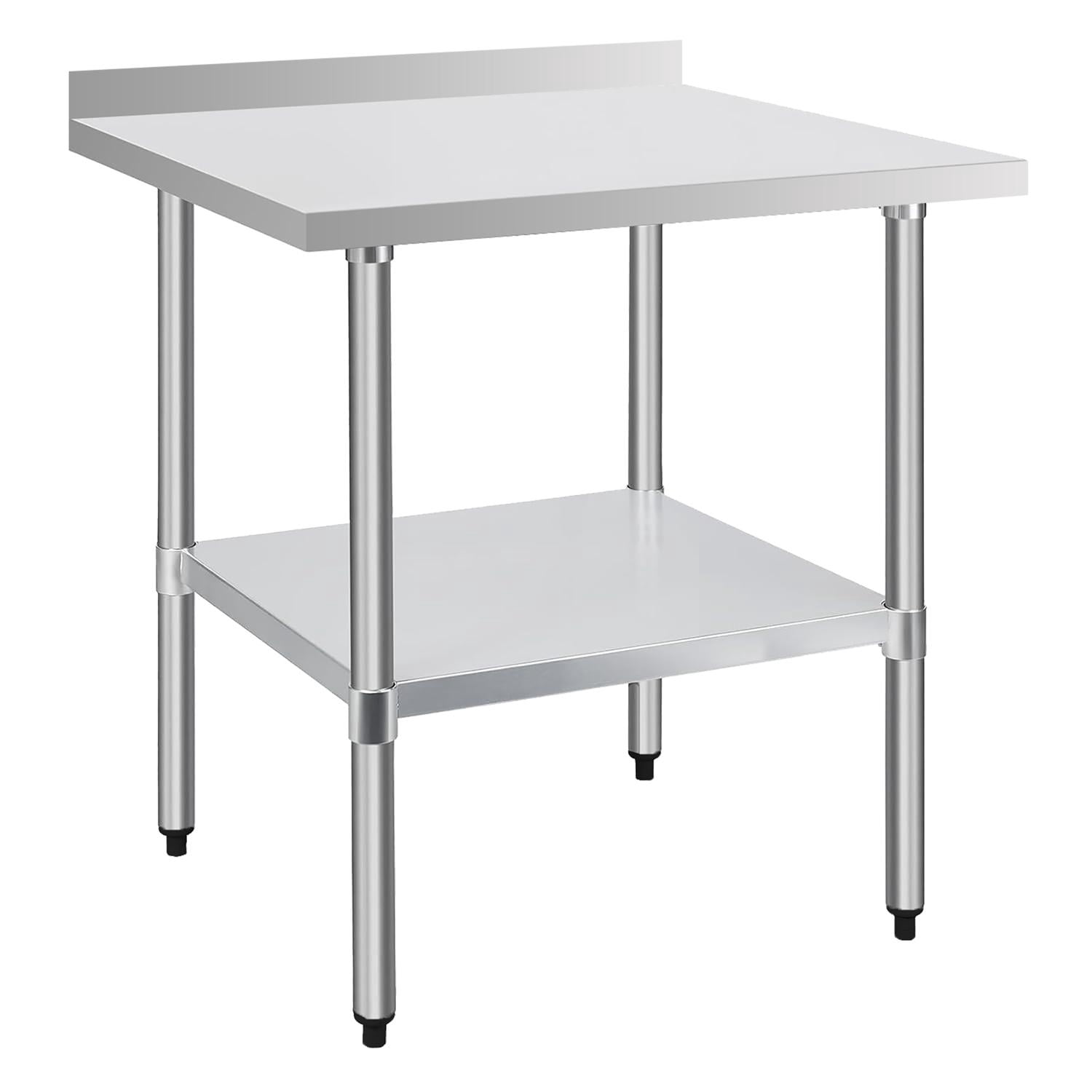 Heavy-Duty 30x30-Inch Commercial Stainless Steel Work Table with 4-Inch Backsplash and Undershelf, NSF-Certified Kitchen Prep Table, Silver