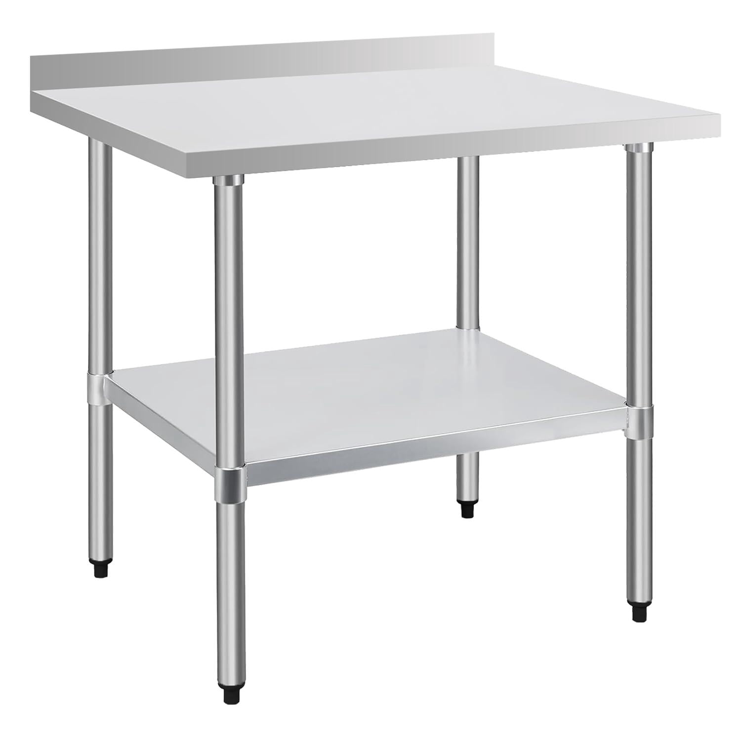 Heavy-Duty 30x36-Inch Commercial Stainless Steel Work Table with 4-Inch Backsplash and Undershelf, NSF-Certified Kitchen Prep Table, Silver