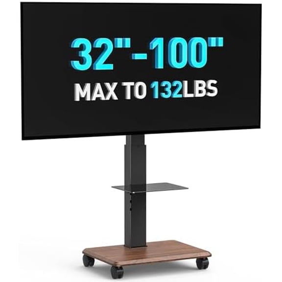 Heavy Duty 32 to 100 Inch Mobile Rolling TV Floor Stand Holds up to 132 lbs, TV Cart with Glass Shelf, Height Adjustable Portable TV Stand with Locking Wheels, Max VESA 600x400mm, Black$$Office