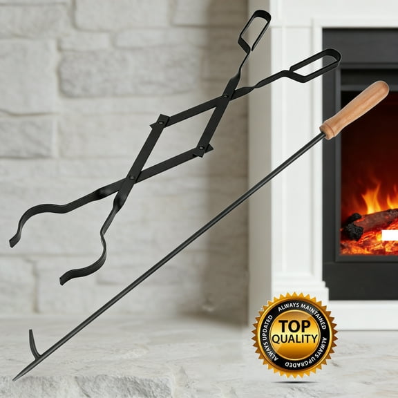 Heavy-Duty 32 inch Campfire Poker & 25 inch Fireplace Tongs for Fire Pits and Wood Stoves Indoor Outdoor Use