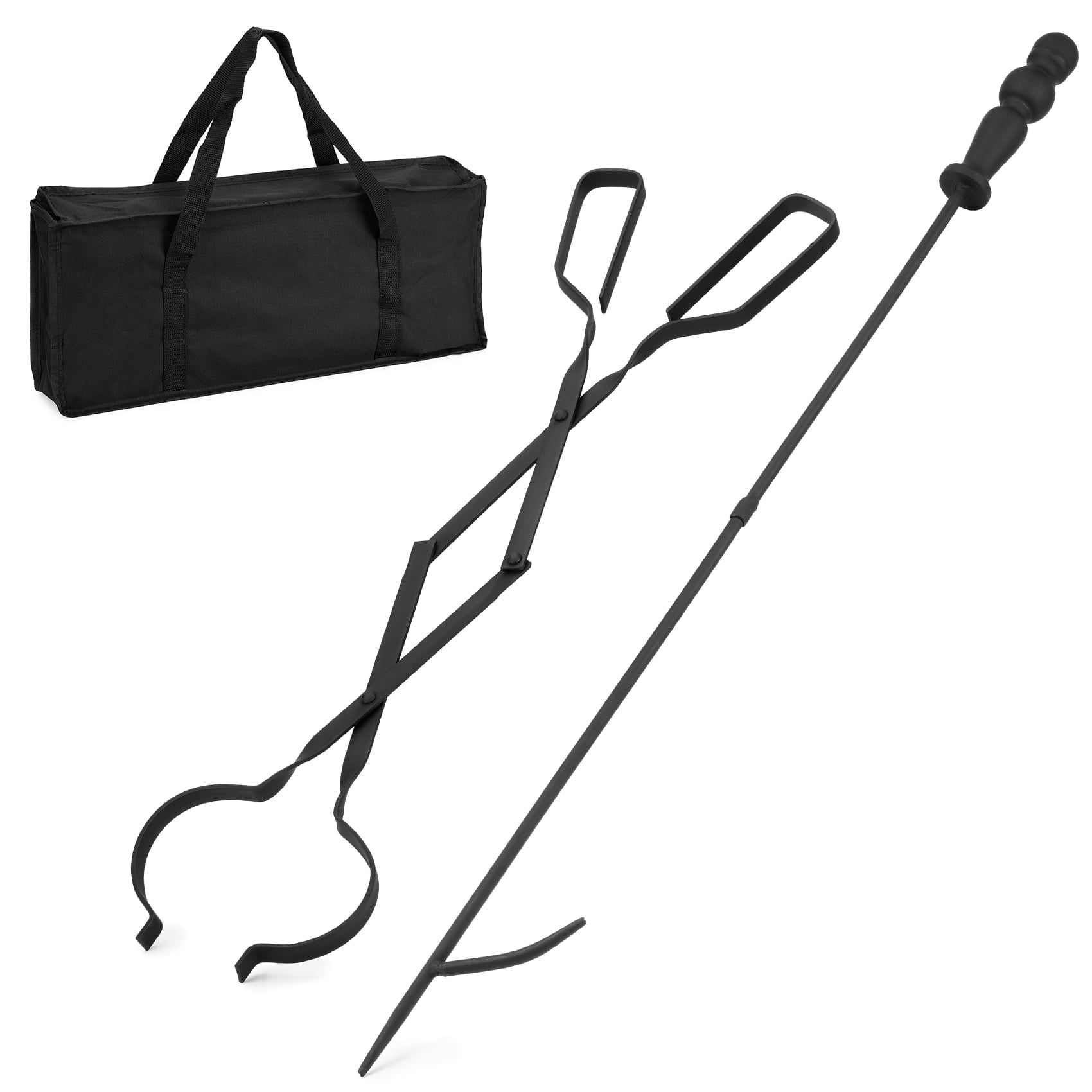 Heavy Duty 32 inch Long Campfire Bonfire Poker Stick 25 Inch Fireplace Tong with Travel Bag, Fire Pit Wood Stove Accessories Tools Log Grabber, Rust Resistant, 