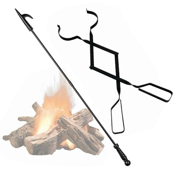 Heavy Duty 32 inch Long Fireplace Fire Pit Poker Stick and 25 Inch Campfire Fireplace Tongs Tool Sets, Log Grabber Fire Pit Tools for Fireplace Wood Stove, Campfire, Bonfires, Indoor & Outdoor Use