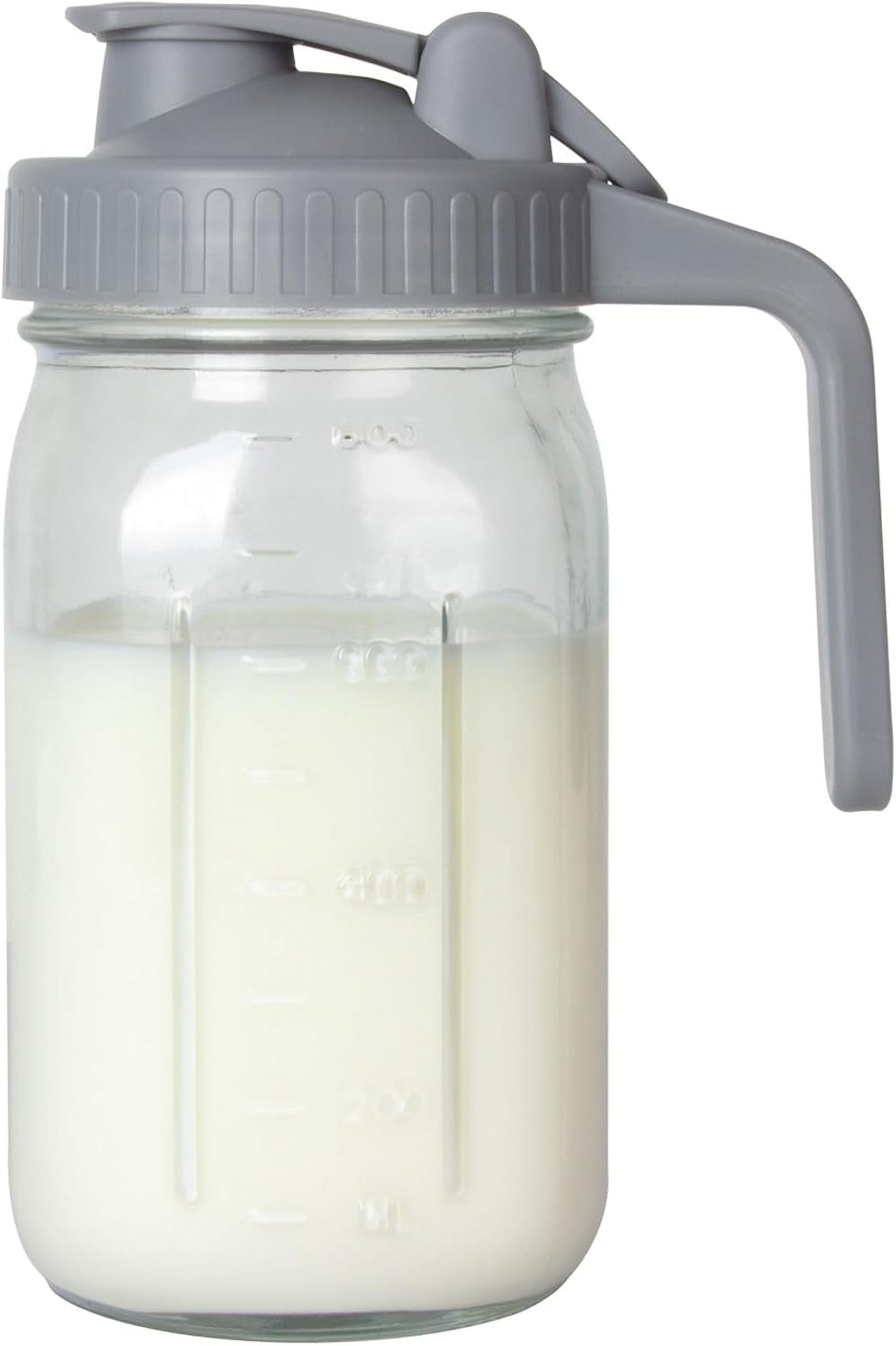 Heavy Duty 32 oz Glass Mason Jar Pitcher - Airtight Wide Mouth Beverage Carafe with Gray Pour Spout Lid - Durable Glass Storage for Breast Milk, Cold Brew, and Juice