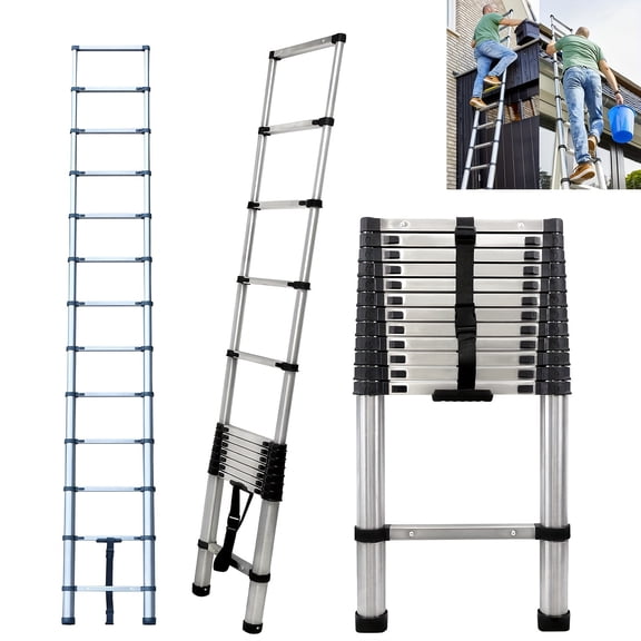 Heavy-Duty 330lbs Telescopic Ladder 12.5ft/3.8m, Extendable Collapsible Step Ladder, Non-Slip Feet, Stainless Steel Frame, Portable for Attic, RV & Outdoor Use