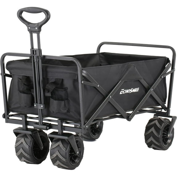 Heavy Duty 350 Lbs Collapsible Wagon | All-Terrain Folding Camping Cart | Outdoor Utility Wagon with Adjustable Handle & Big Wheels | Waterproof 600D Fabric, Black