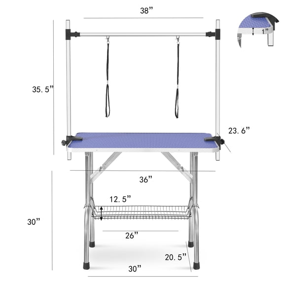 Heavy Duty 36 Folding Dog Grooming Table Stainless Steel Pet Cat Grooming Table with Adjustable Arm, 300lb Capacity, Blue
