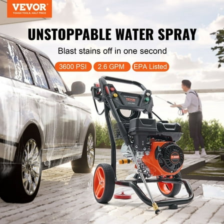 Heavy-Duty 3600 PSI 2.6 GPM Gas Powered Pressure Washer - Durable Copper Pump & 5 Quick Connect Tips