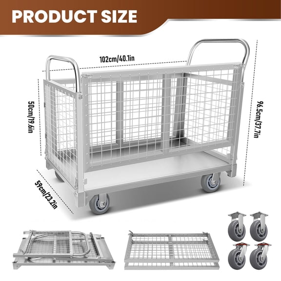 Heavy Duty 4 in 1 Detachable Wire Mesh Cage Cart, 2200 LBS Capacity Rolling Utility Cart with 360° Swivel Silent Rubber Wheels, Metal Storage Dolly for Warehouse Garage Industrial Commercial Moving