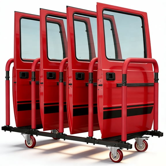 Heavy Duty 4-Door Car Door Dolly Cart – Auto Body Shop Door Transport Rack with Swivel Casters & Brakes, Rust-Resistant Portable Door Storage Cart for Collision Repair