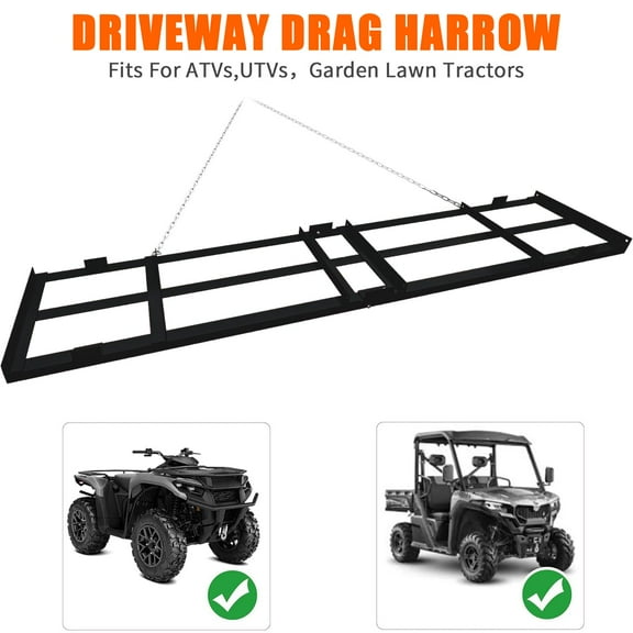 Heavy Duty 4 FT Driveway Drag Harrow – Tow-Behind Lawn and Landscape Rake with 6 FT Chain for ATV, UTV, Tractor, Mower – For Grading Gravel, Sand, Soil, Hay – Black | 48x20 inches