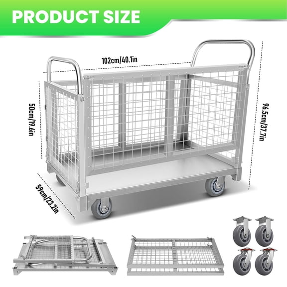 Heavy Duty 4-In-1 Platform Truck Cart with Wire Mesh Cage, Multi-Purpose Utility Transport Cart for Warehouse, Factory, Farm, Home & Pet Store