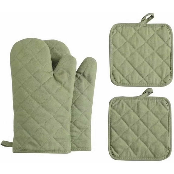 Heavy Duty 4-Piece Cotton Oven Mitts and Pot Holder Sets, 12 Inch Heat Resistant 500°F Kitchen Mittens for Baking,Green