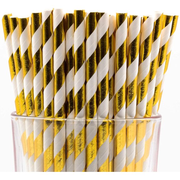 Heavy-Duty 4-Ply Paper Drinking Straws – Long-Lasting, Biodegradable, Compostable (Gold Swirls, 150-Count)