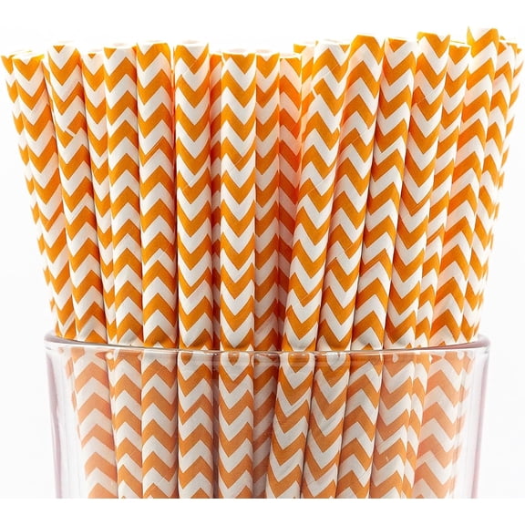 Heavy-Duty 4-Ply Paper Drinking Straws – Long-Lasting, Biodegradable, Compostable (Orange Chevron, 150-Count)