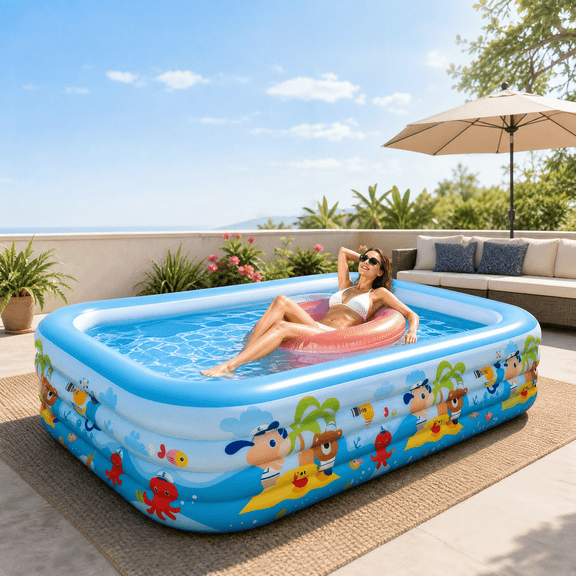 Heavy Duty 4-Ring Inflatable Family Swimming Pool, 118 x 69 x 26 Inch Backyard Water Pool for Summer Garden Parties