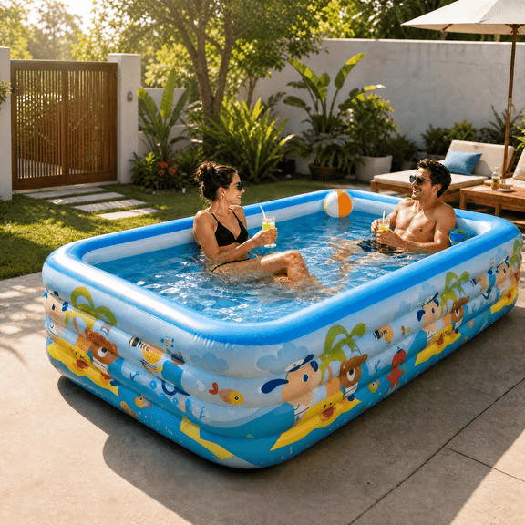 Heavy Duty 4-Ring Inflatable Family Swimming Pool, 143 x 71 x 26 Inch Backyard Water Pool for Summer Garden Parties