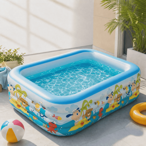 Heavy Duty 4-Ring Inflatable Family Swimming Pool, 82 x 53 x 26 Inch Backyard Water Pool for Summer Garden Parties